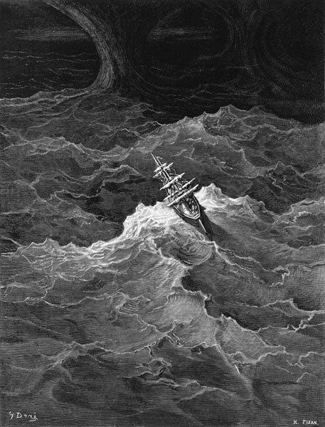 Ship in stormy sea, scene from ''The Rime of the Ancient Mariner'' S.T. Coleridge,S.T. Coleridge, pu from Gustave Doré