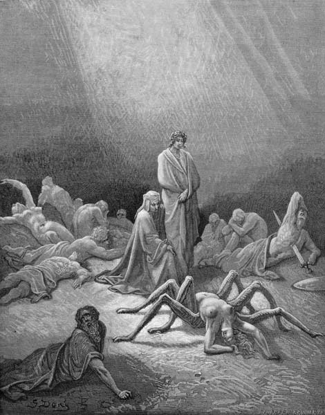 Virgil (70-19 BC) and Dante looking at the spider woman, illustration from ''The Divine Comedy'' (In from Gustave Doré