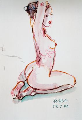 Female act, hands at the neck, sitting on the lower legs ...