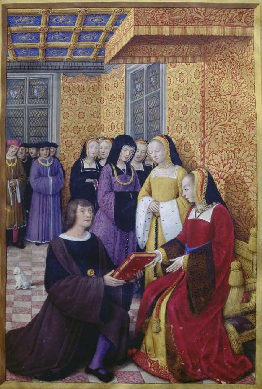 The Poet Jean Marot hands out his opus to Anne of Bretagne (Jean Bourdichon in Le voyage de gênes) from Handschrift, französisch  Tours