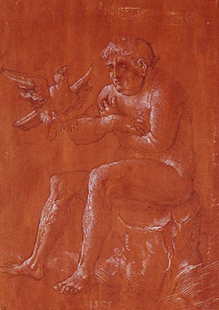 Nude man sitting on a tree trunk listening to a parrot (pen & ink and white chalk on red paper) from Hans Baldung Grien