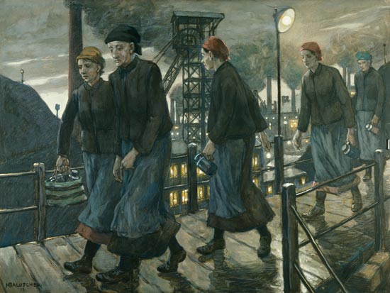 Check female workers on a suspension bridge from Hans Baluschek