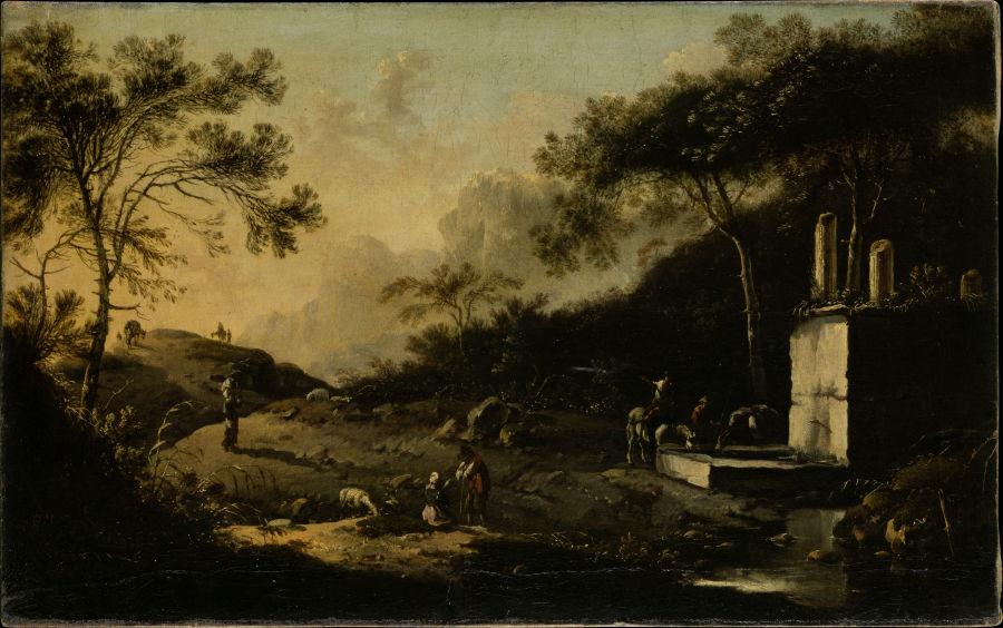 Italian Mountain Landscape with Travelers at a Well from Hans de Jode