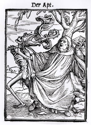 Death and the Abbot, from 'The Dance of Death', engraved by Hans Lutzelburger, c.1538 (woodcut) (b/w from Hans Holbein the Younger