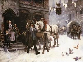 Pferdefüttern in front of an inn in winter
