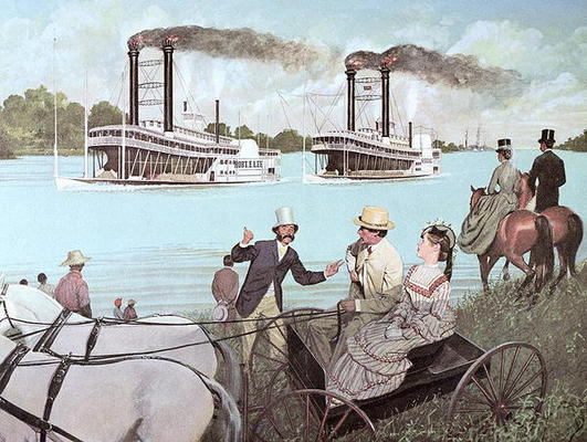 The Great Mississippi Steamboat Race, 1870 (colour litho) from H.C. McBarron