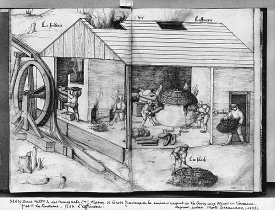 Silver mine of La Croix-aux-Mines, Lorraine, fol.22v and fol.23r, foundry and refining, c.1530 from Heinrich Gross or Groff