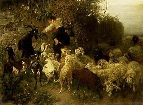 Boys at this feed of goats and sheep from Heinrich von Zügel