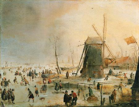 Winter landscape with skate drivers for a windmill