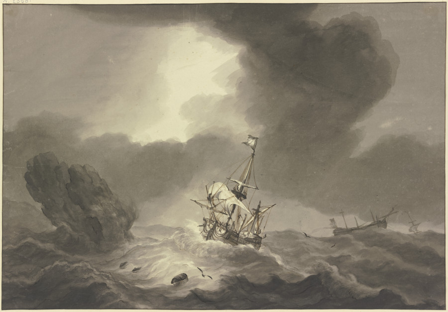 Seesturm, rechts ein entmastetes Schiff, links ein Felsen, an welchem ein Schiff vorbeisegelt from Hendrik Kobell