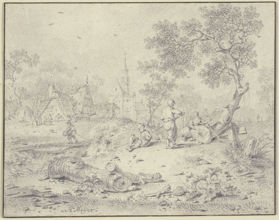 Bei einem Dorf unter einem Baum sitzt eine Frau bei einem Sack, vor ihr steht ein Mann mit einem Sto from Hendrik Meyer