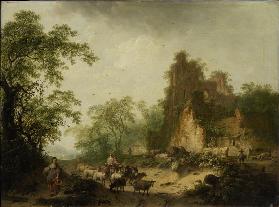 Landscape with Herd of Sheep in Front of a Peasant Hut in a Ruins