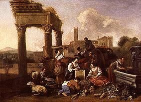 Market scene at a temple ruin from Hendrik Mommers