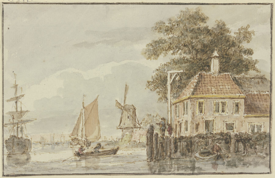 Haus am Wasser und Windmühle, dabei mehrere Schiffe from Hendrik Spilman