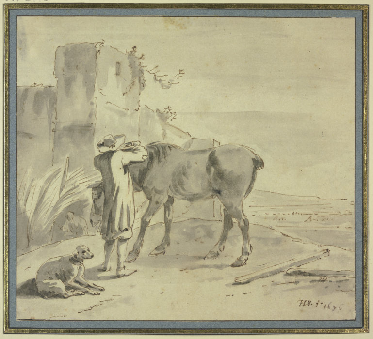 Bei einem alten Turm steht ein Bauer an seinem Pferde beschäftigt, dabei ein Hund from Hendrik Verschuring