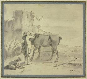 Bei einem alten Turm steht ein Bauer an seinem Pferde beschäftigt, dabei ein Hund