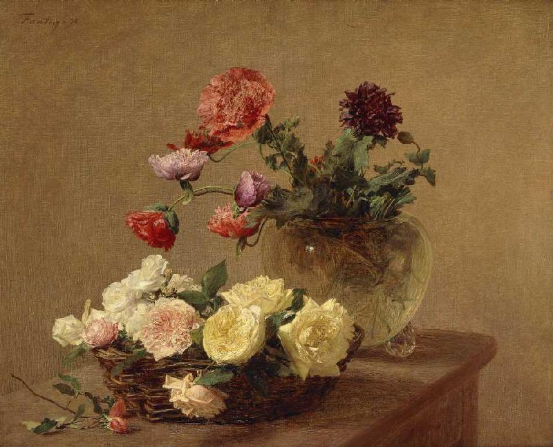 Flowers into glass vase and basket with roses from Henri Fantin-Latour