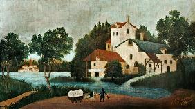 Landscape with water-mill and cars