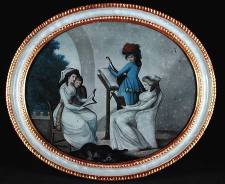 A reverse glass painting showing lady musicians from Henry W. Banbury