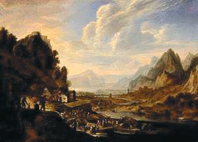 Mountainous riverside with berthing ships, smallholders and dealers from Herman Saftleven