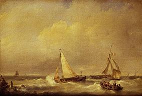 Sea landscape with sailing ships and a rowing boat. from Hermanus Koekkoek