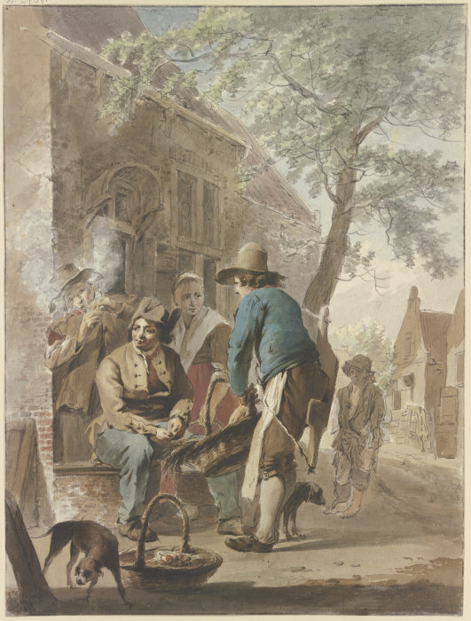 Vor einem Hause bietet ein Bauer mit einem Korb seine Erzeugnisse zum Kauf an, vorn links ein Hund,  from Hermanus van Brussel