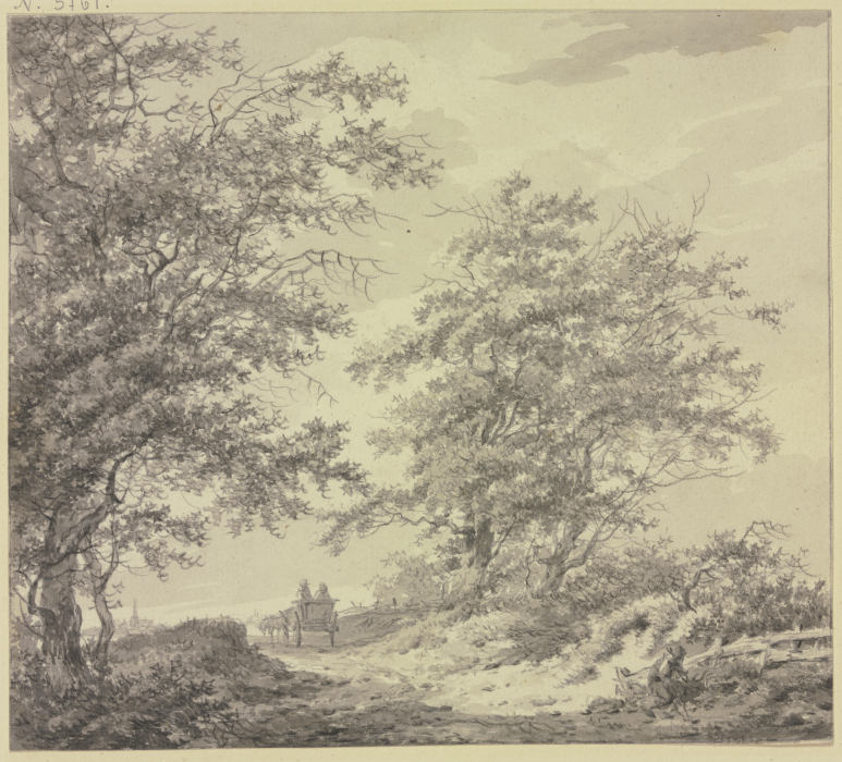Weg zwischen zwei Baumgruppen mit einem Wagen, rechts am Zaun ein sitzender Mann from Hermanus van Brussel