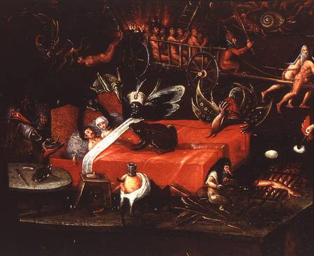 The Inferno, detail of a couple in bed surrounded by monstrous animals from Herri met de Bles