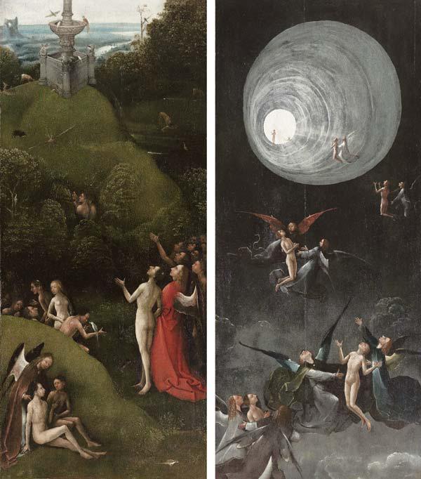 "The Earthly Paradise", detail of visions from beyond, two (of four) panels