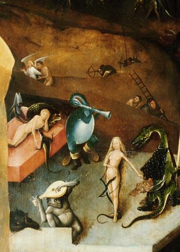 Last Judgement triptych detail from the middle panel (WeiblAkt with hang-gliders) from Hieronymus Bosch