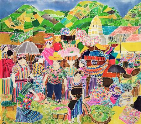 Almolonga Market (coloured inks on silk) 