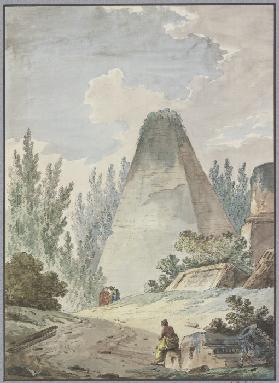 Pyramide mit abgebrochener Spitze in antiker Trümmerlandschaft