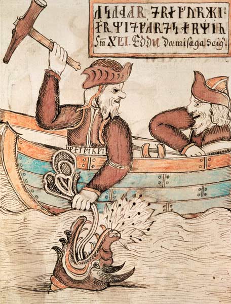 Thor fishing for the serpent of Midgard, from the boat of the giant Hymir from Icelandic School