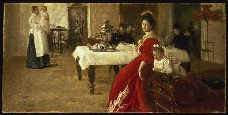Tatiana, the daughter of the artist with her family in an interior. from Ilja Efimowitsch Repin