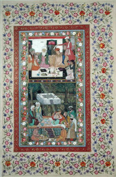 Ms E-14 Reading Verse and a Banquet in a Garden from a Moraqqa from Indian School