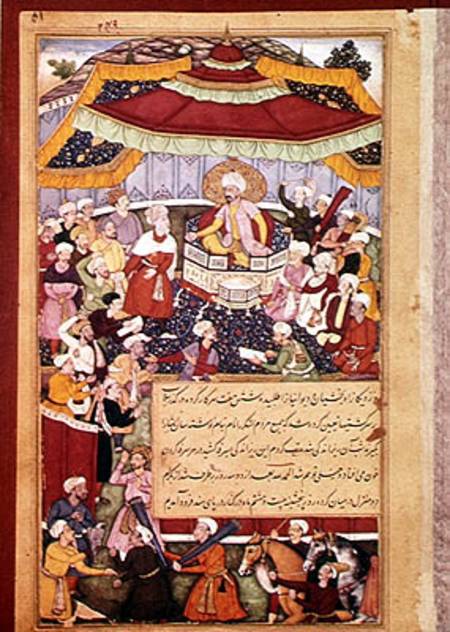The King on his throne surrounded by his courtiers from Indian School