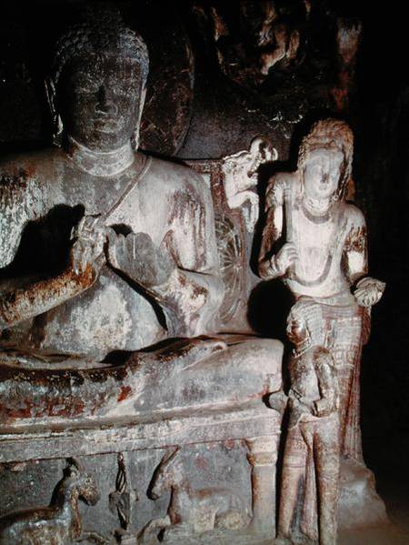Seated Buddha making the first teaching gesture from the Caitya Hall of Cave 10 from Indian School