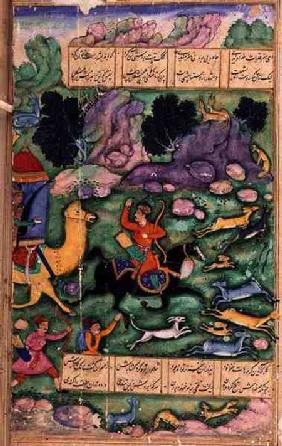 Bahram Gur Showing his Prowess While Hunting with Azad, folio 107a, from 'The Eight Paradises', writ