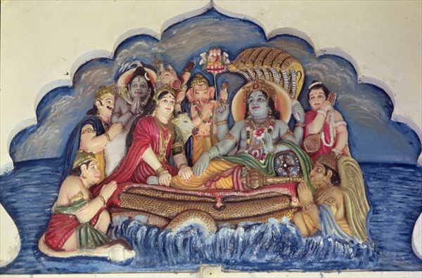 Vishnu Narayana, floating on Sheshanaga (painted relief)  from Indian School