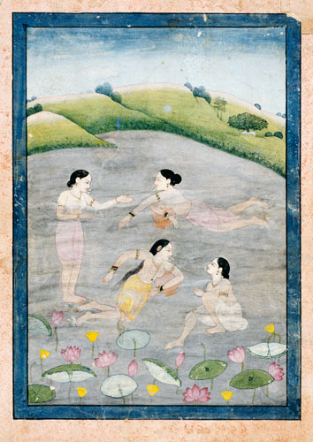 The Wives Of Raga Hindola Swimming In A Lake With The Aid Of Pitchers, The Foreground With Waterlili from Indian School
