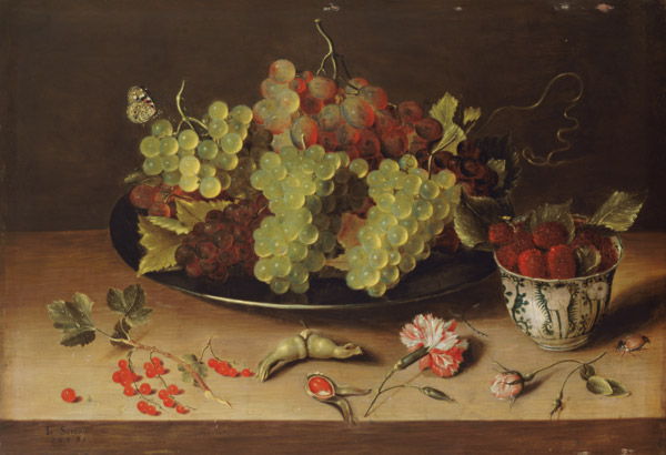 Still life with grapes and porcelain bowl from Isaak Soreau