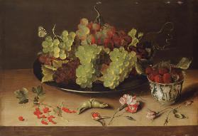 Still life with grapes and porcelain bowl