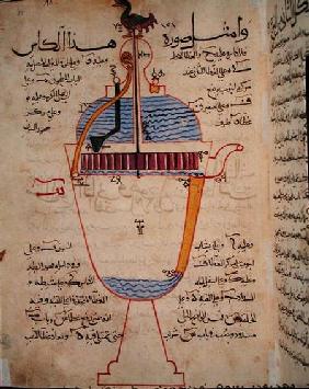 Mechanical device for pouring water, illustration from the 'Treatise of Mechanical Methods', by Al-D