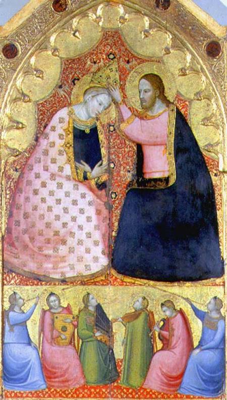 Coronation of the Virgin, altarpiece with a predella panel depicting angels playing musical instrume from Italian pictural school