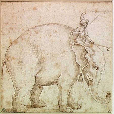 Elephant Hanno and his Mahout (pen & ink on paper) from Italian pictural school