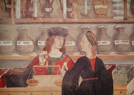 Interior of a Pharmacy, detail of the shopkeeper weighing produce from Italian pictural school