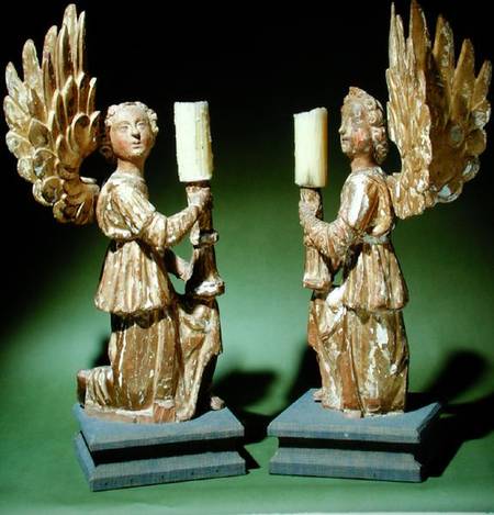 Pair of carved candlesticks (polychrome oak) from Italian pictural school
