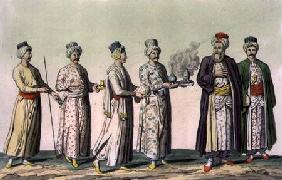 Servants carrying a pipe, a vase of sweets, coffee, a brazier and a jug of rosewater, plate 57 from