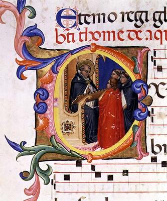 Ms 559 f.285v Historiated initial 'O' depicting a monk at a lectern conversing with other monks, fro from Italian School, (14th century)