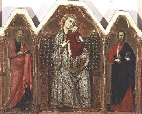 Madonna and Child Enthroned, with SS. John the Evangelist and Paul, Riminese School (triptych panel)